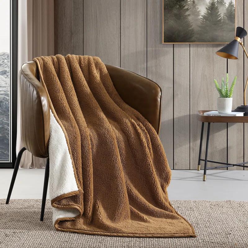 Bi-Colored Brown/Ivory Faux Shearling Reversible Throw Blanket