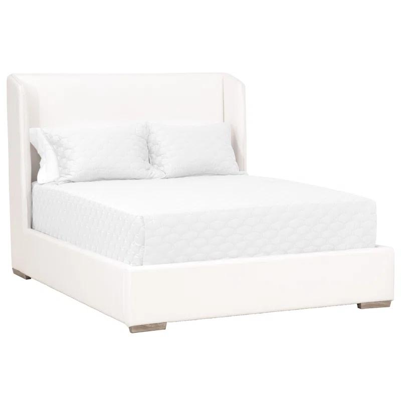 White Upholstered Queen Platform Bed with Oak Frame and Storage