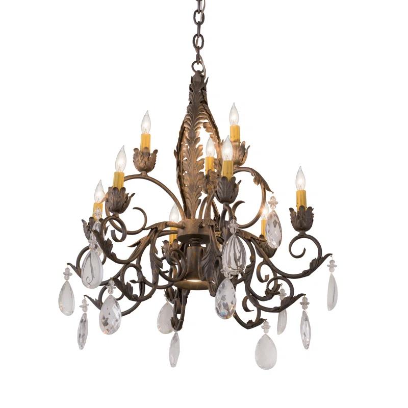 Country French Bronze 10-Light Crystal Chandelier with Cream Shades