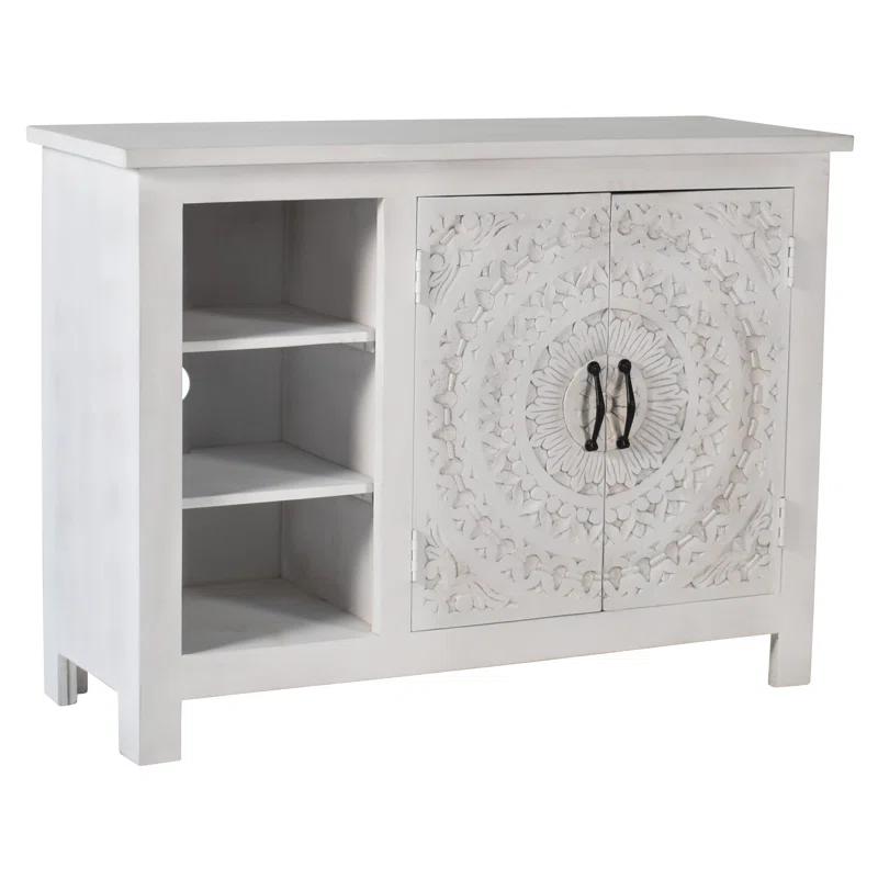 White Mango Wood TV Cabinet with Hand-Carved Doors
