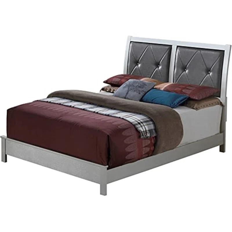 Contemporary Croc Finish Queen Bed with Tufted Upholstered Headboard