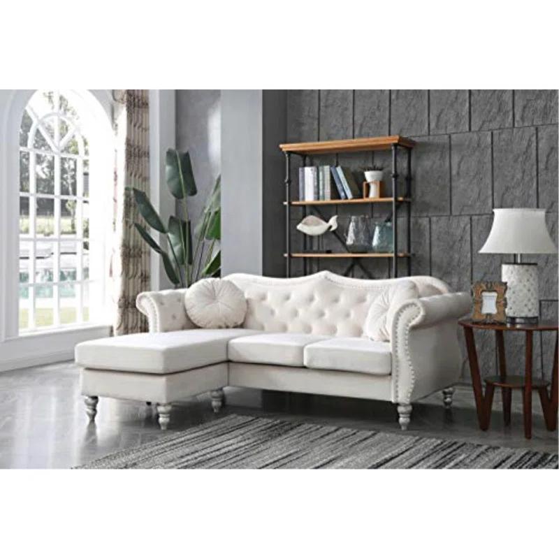 Ivory Velvet Tufted 4-Seater Sectional with Nailhead Accents