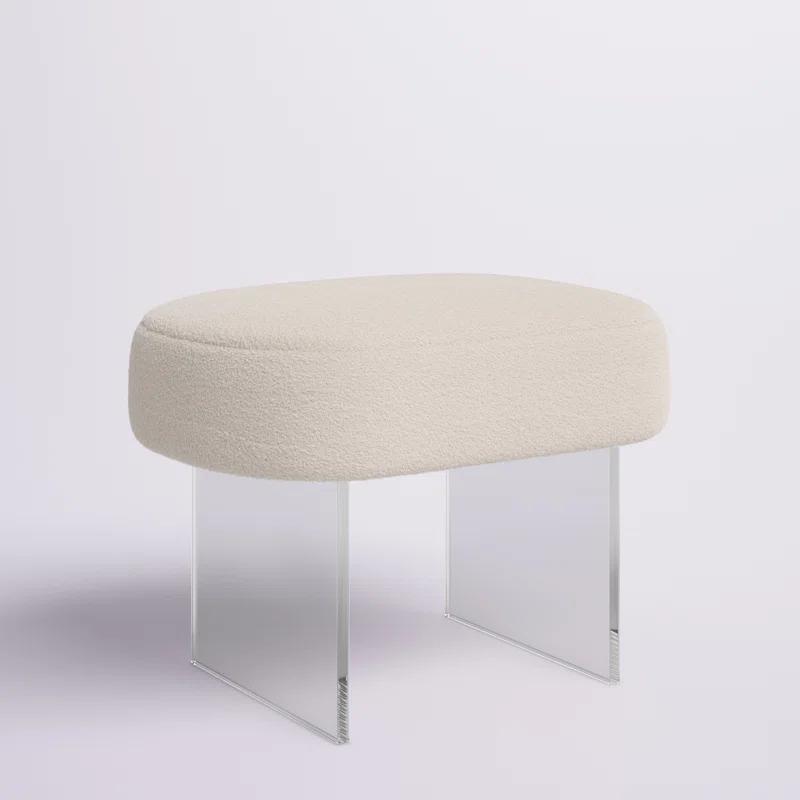 Ivory Faux Sheepskin Ottoman with Crystal-Clear Acrylic Legs