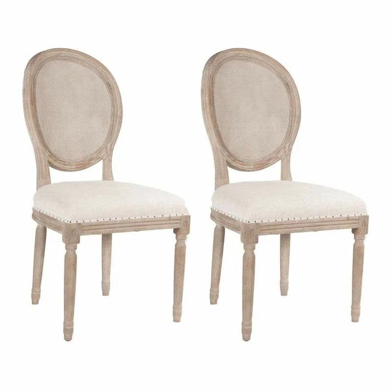 Transitional Beige Linen and Wood Cane Side Chair