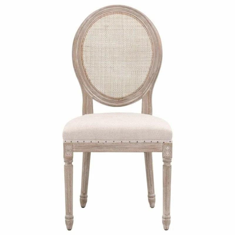 Transitional Beige Linen and Wood Cane Side Chair