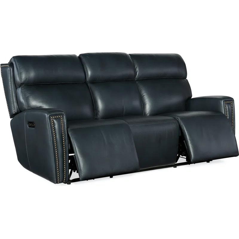 Salvo Denim Leather Reclining Sofa with Nailhead Trim