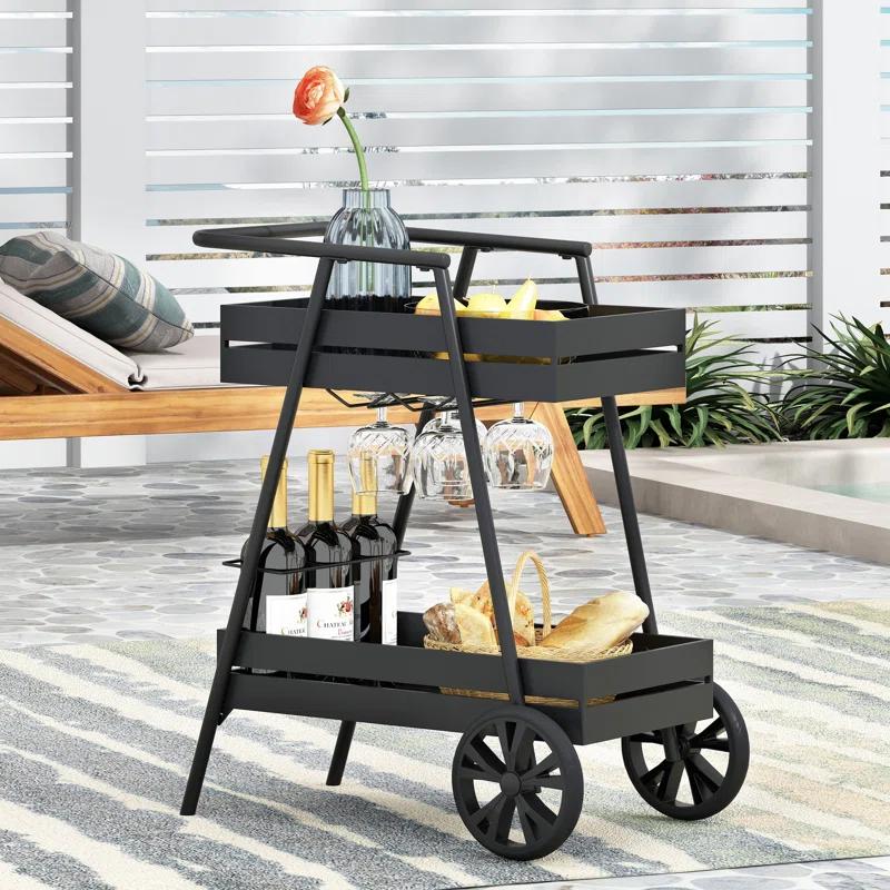 Matte Black Iron Outdoor Rectangular Bar Cart with Storage