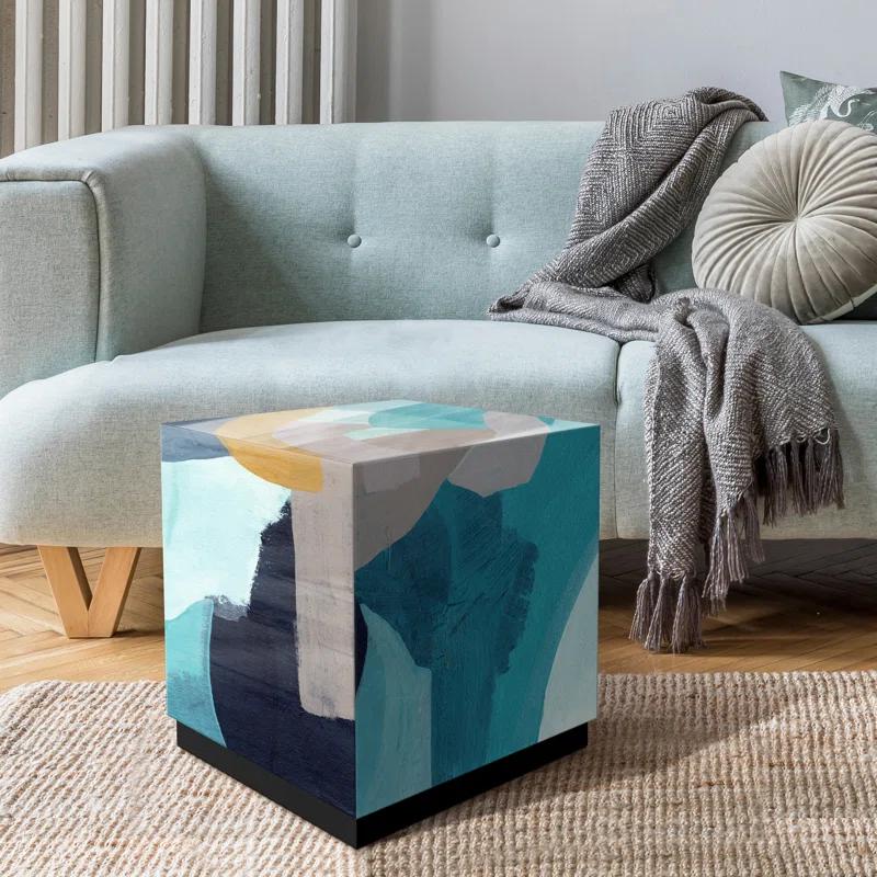 Slate and Cerulean Blue Art Glass Square Side Table with Black Plinth