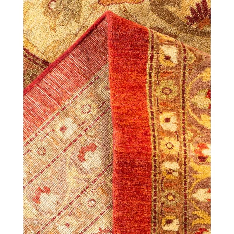 Hand-Knotted Ivory and Orange Wool Rectangular Area Rug