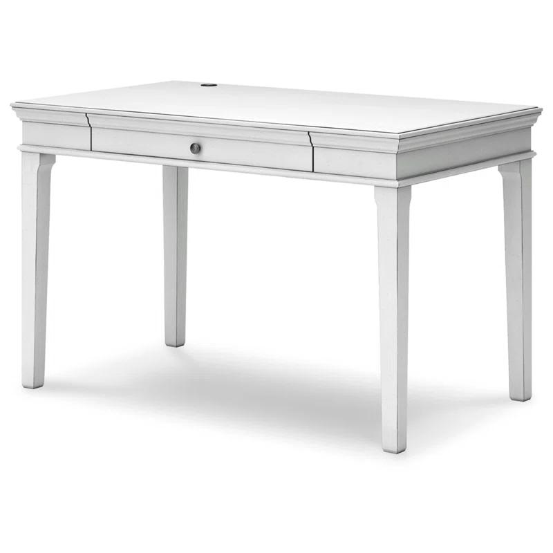 Transitional White Executive Home Office Desk with Drawer & Power Features