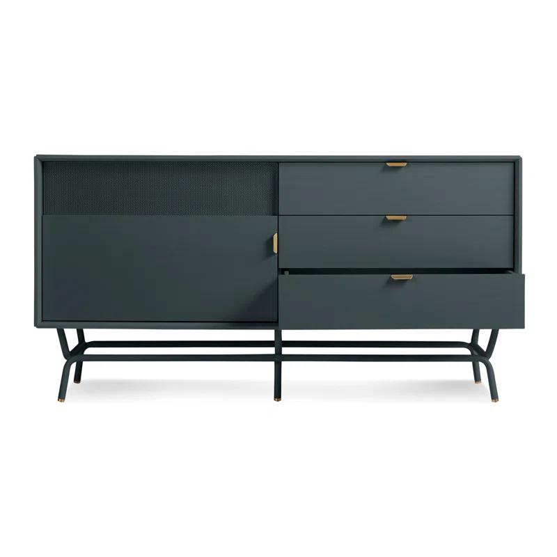 Navy Green Perforated Steel 1 Door / 3 Drawer Console with Brass Details