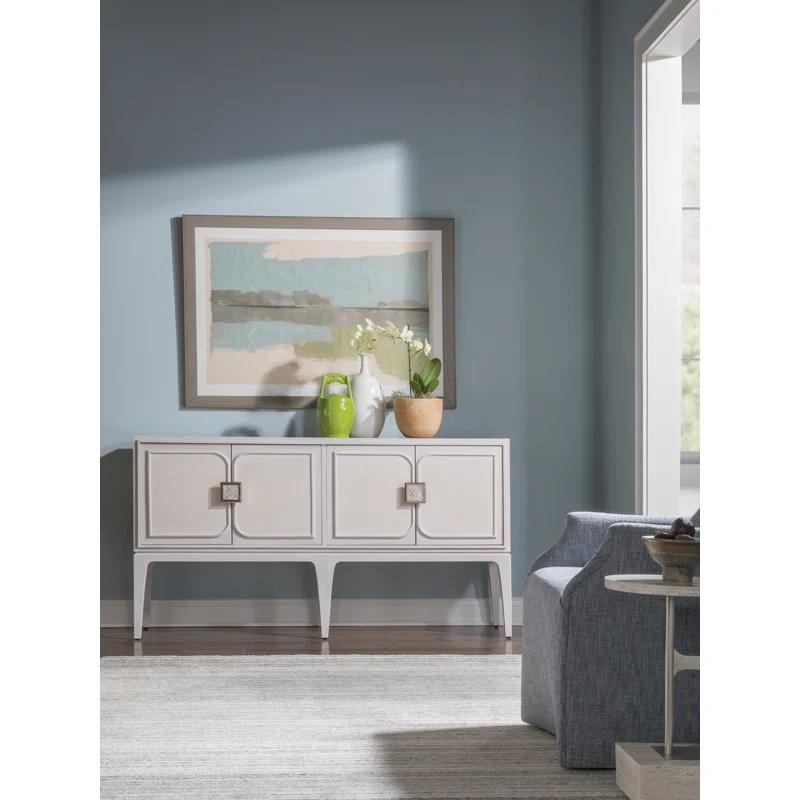 Transitional Gray 61.75'' Oak Media Console with Raffia Cabinet Doors