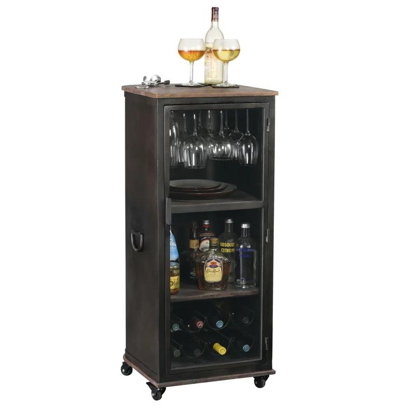 Black Aged Iron and Natural Wood Bar Cabinet with Glass Door