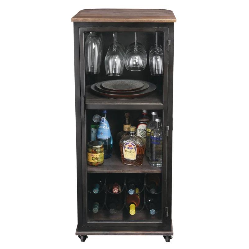 Black Aged Iron and Natural Wood Bar Cabinet with Glass Door