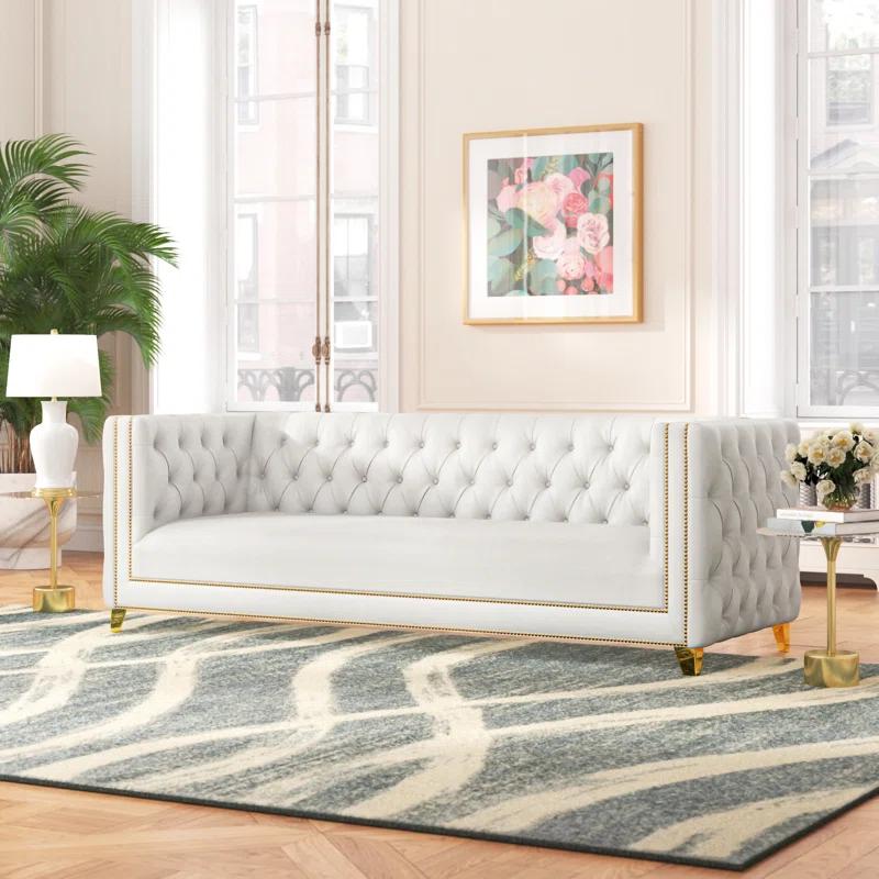 Michelle 90'' White Faux Leather Tufted Sofa with Gold Nailhead Trim