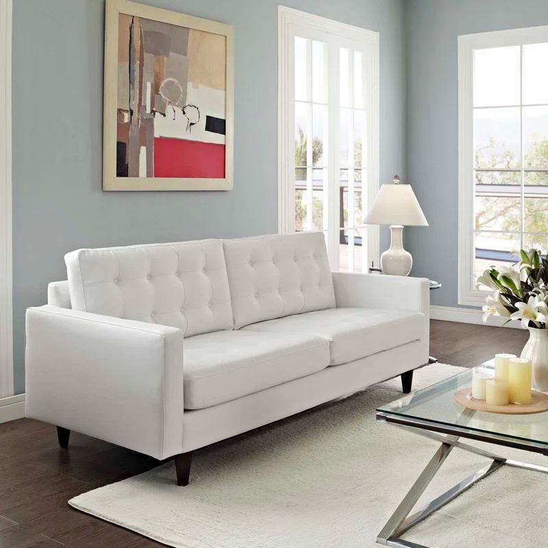 White Tufted Faux Leather Sofa with Wood Legs