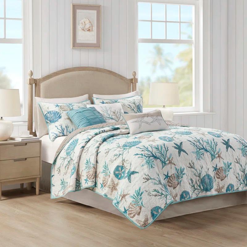 Aqua Blue Cotton Reversible Coastal Quilt Set, Full