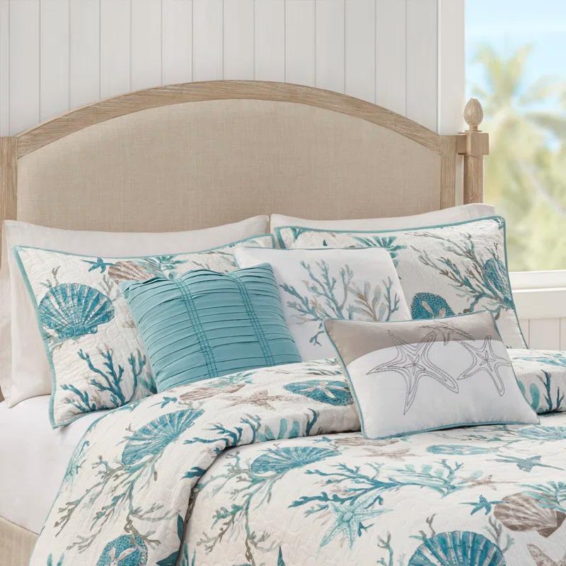 Aqua Blue Cotton Reversible Coastal Quilt Set, Full