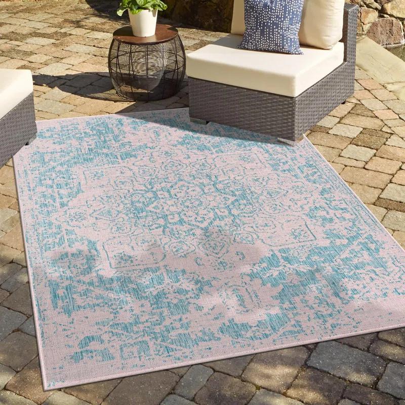 Aqua and Pink Medallion 9' x 12' Outdoor Rectangular Rug