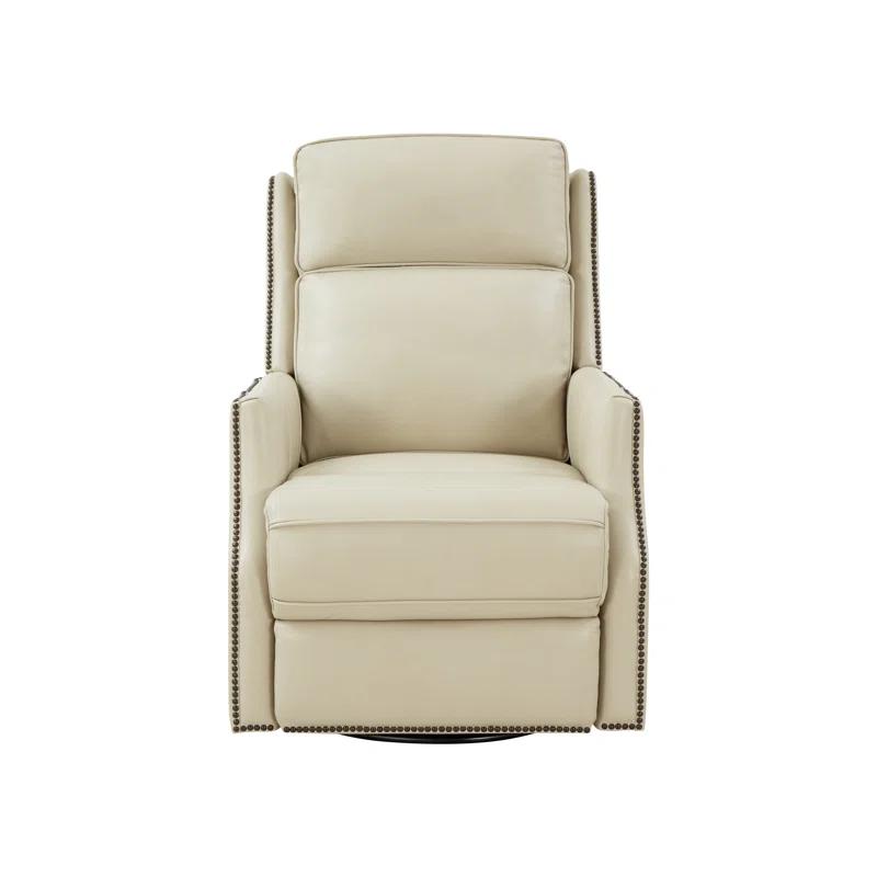 Barone Parchment Cream Leather Swivel Recliner with Nailhead Trim