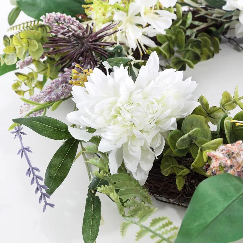 Lively Spring Splendor 24" Faux Dahlia & Olive Green/White Wreath