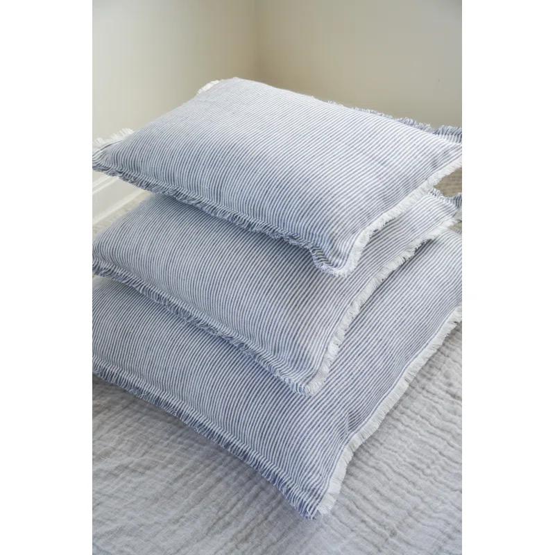 Blue Pinstripe Fringe Linen Pillow 26x26 Down Alternative Insert