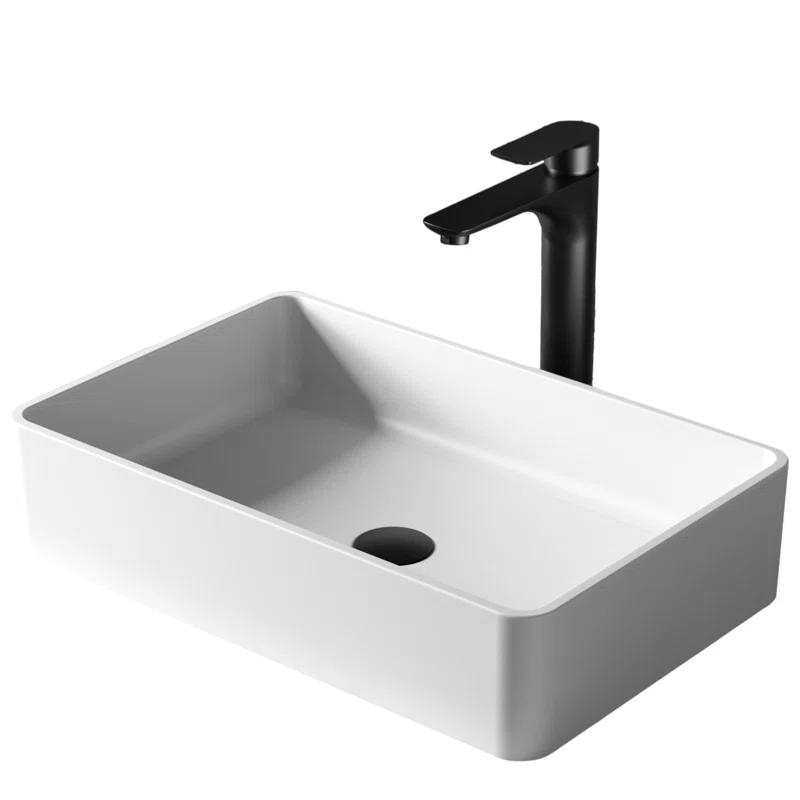Matte White Acrylic 21" Rectangular Above-Counter Bathroom Sink with Matte Black Faucet
