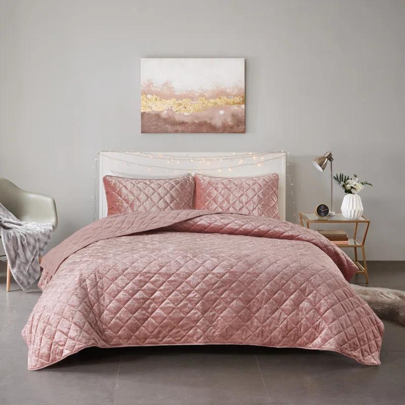 Blush Full Velvet Quilt Set with Shams