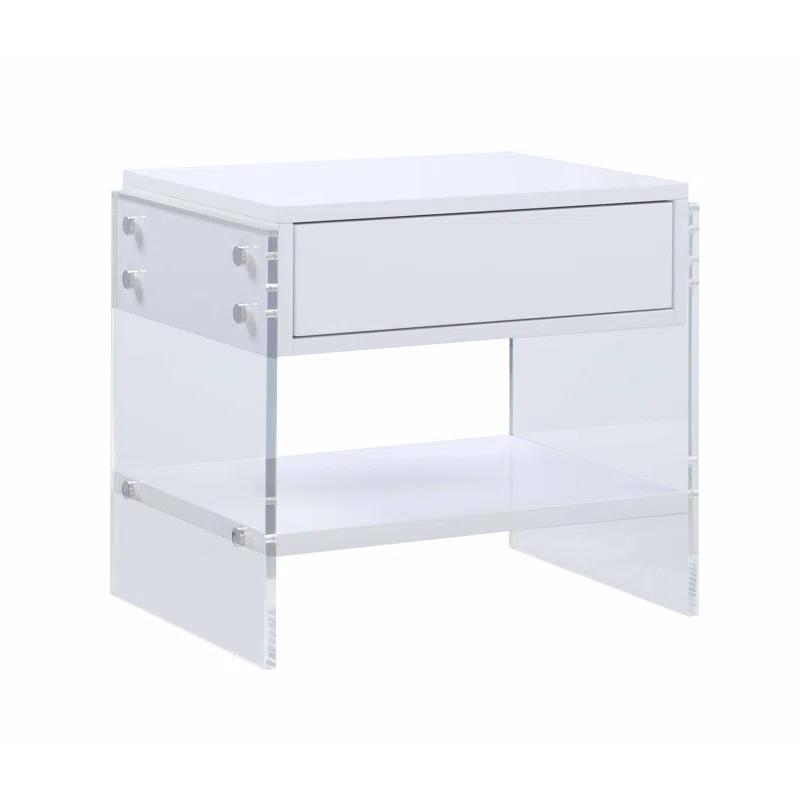 White Acrylic Nightstand with Drawer and Shelf