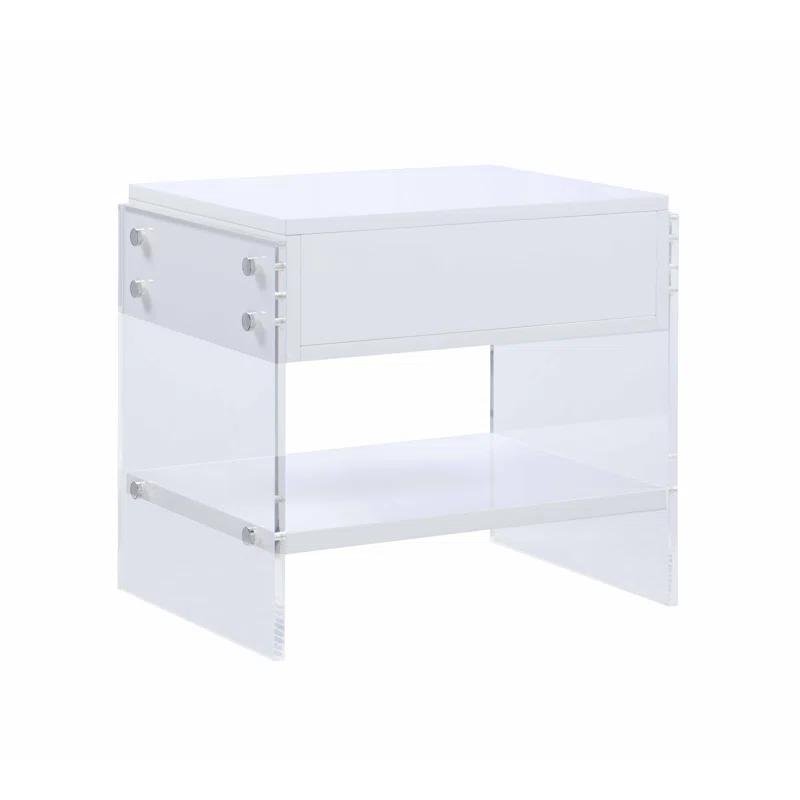 White Acrylic Nightstand with Drawer and Shelf