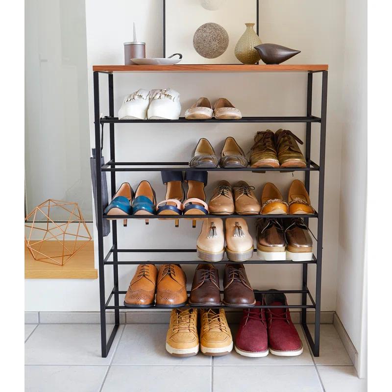 Sleek 6-Tier Black Metal Shoe Rack with Wood Top