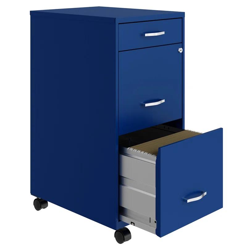 Compact Blue Steel 3-Drawer Mobile File Cabinet with Lock