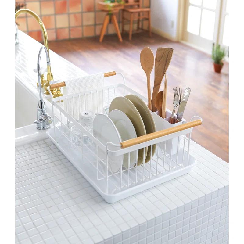 Tosca 13'' White Steel Dish Drainer Rack with Wood-Accent Handles