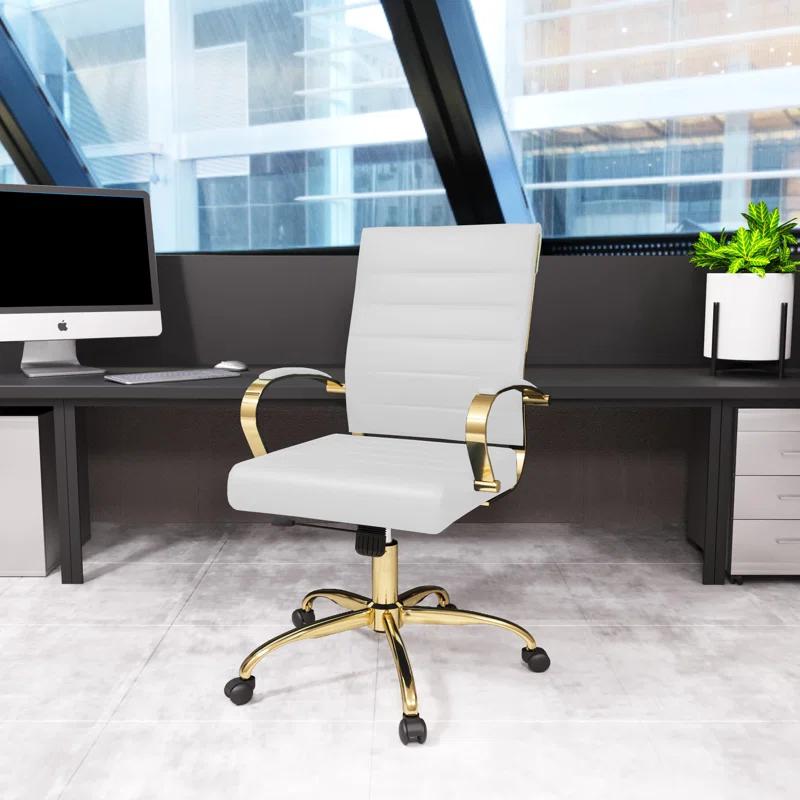 Maykoosh 24" White Leather Swivel Office Chair with Gold Metal Frame