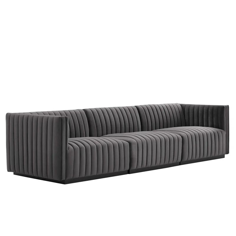 Elegant Black Gray Channel Tufted Velvet 3-Seater Sofa