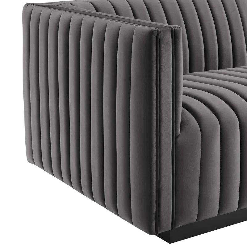 Elegant Black Gray Channel Tufted Velvet 3-Seater Sofa