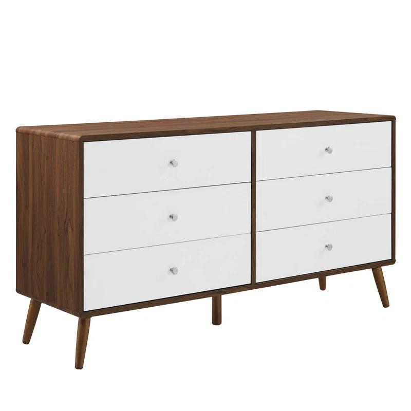 Mid-Century 60'' White and Walnut Dresser with Chrome Pulls