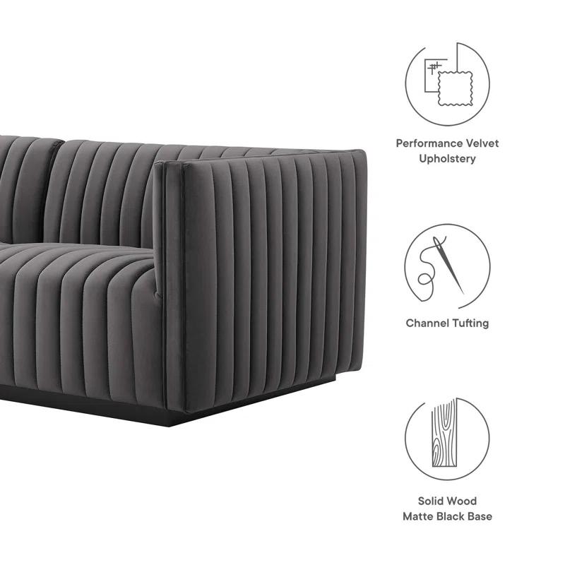 Elegant Black Gray Channel Tufted Velvet 3-Seater Sofa