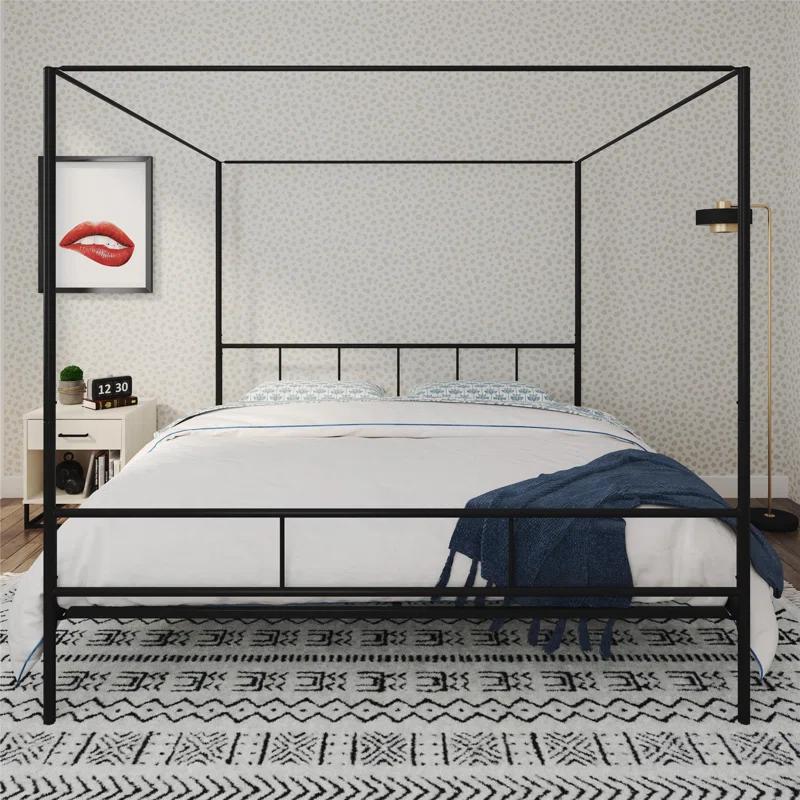 Marion King-Sized Black Metal Frame Canopy Bed with Headboard