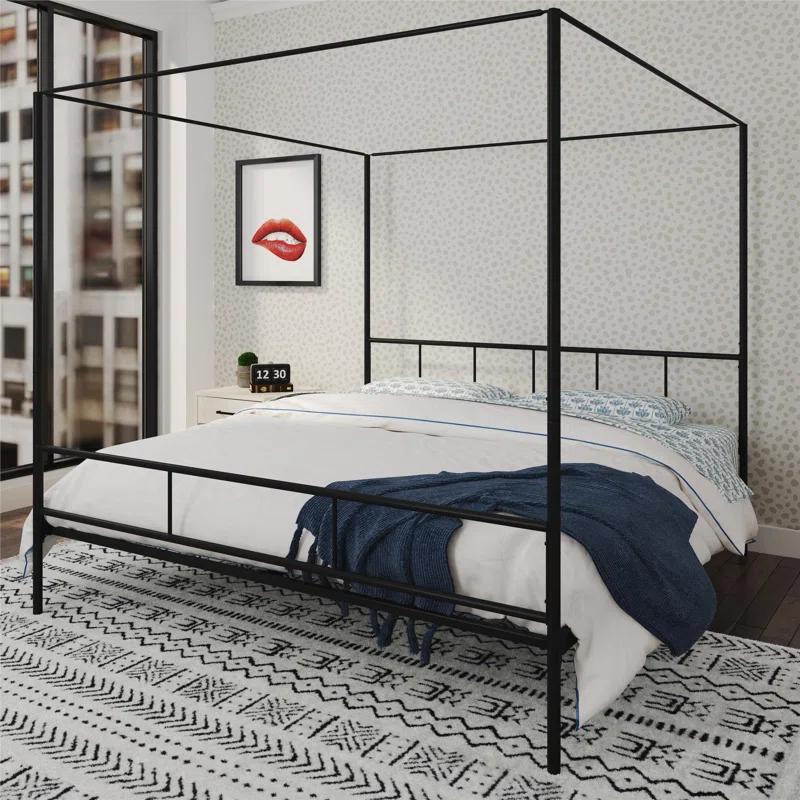 Marion King-Sized Black Metal Frame Canopy Bed with Headboard