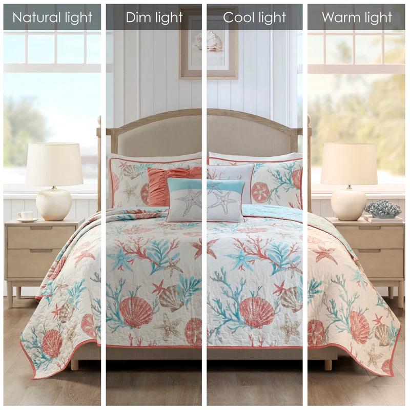 Coral and Teal Coastal Cotton Duvet Cover Set, Full/Queen, 6 Pieces