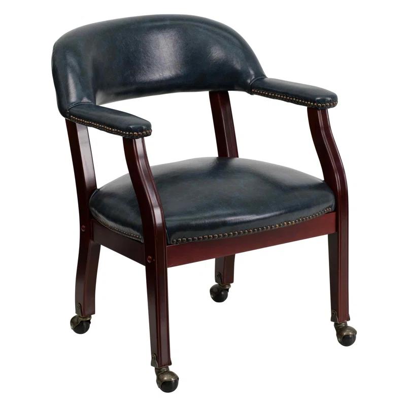 Navy Vinyl Captain's Conference Chair with Brass Casters and Mahogany Frame
