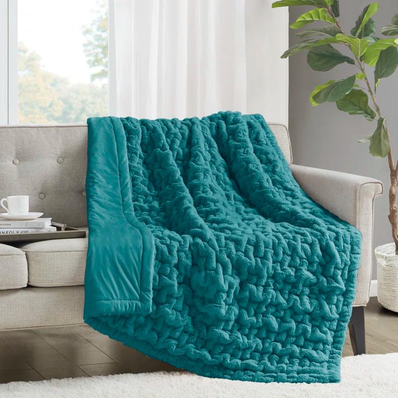 Teal Ruched Faux Fur 50x60 Reversible Throw Blanket
