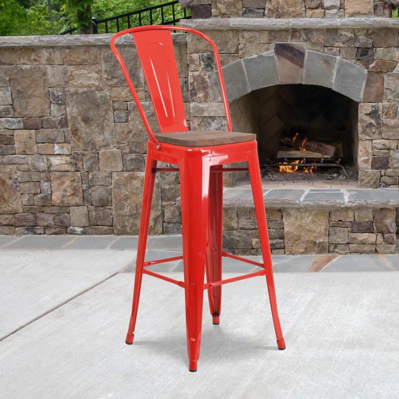 Rustic Red Metal and Brown Wood Barstool with Slat Back