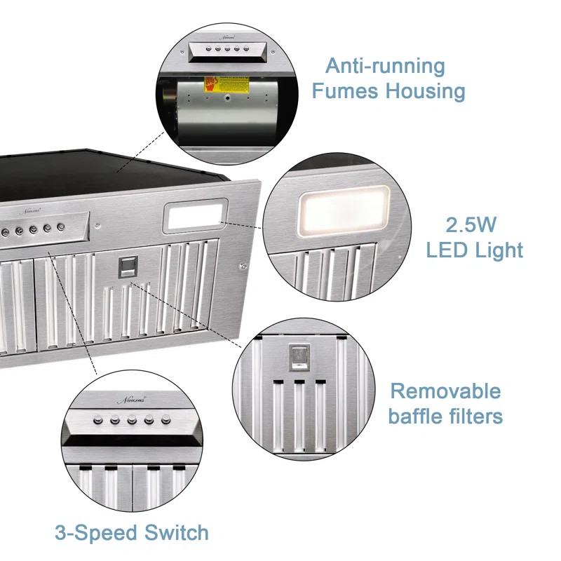 Range Hood Insert/Built-In 36 Inch, 6'''' Duct 3-Speeds 600 CFM Stainless Steel Vent Hood With LED Lights