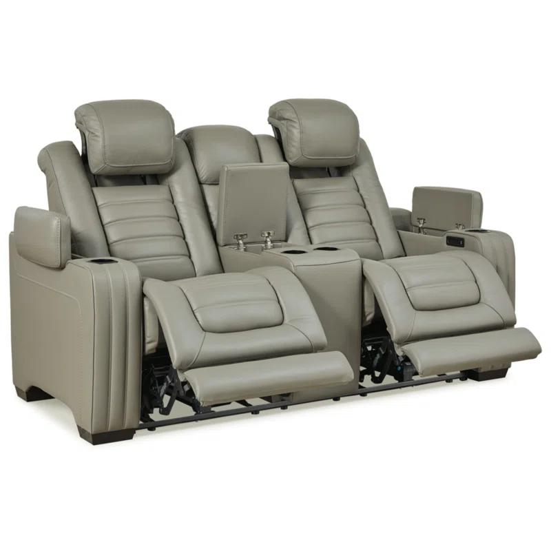 Contemporary Gray Faux Leather Power Reclining Loveseat with Storage