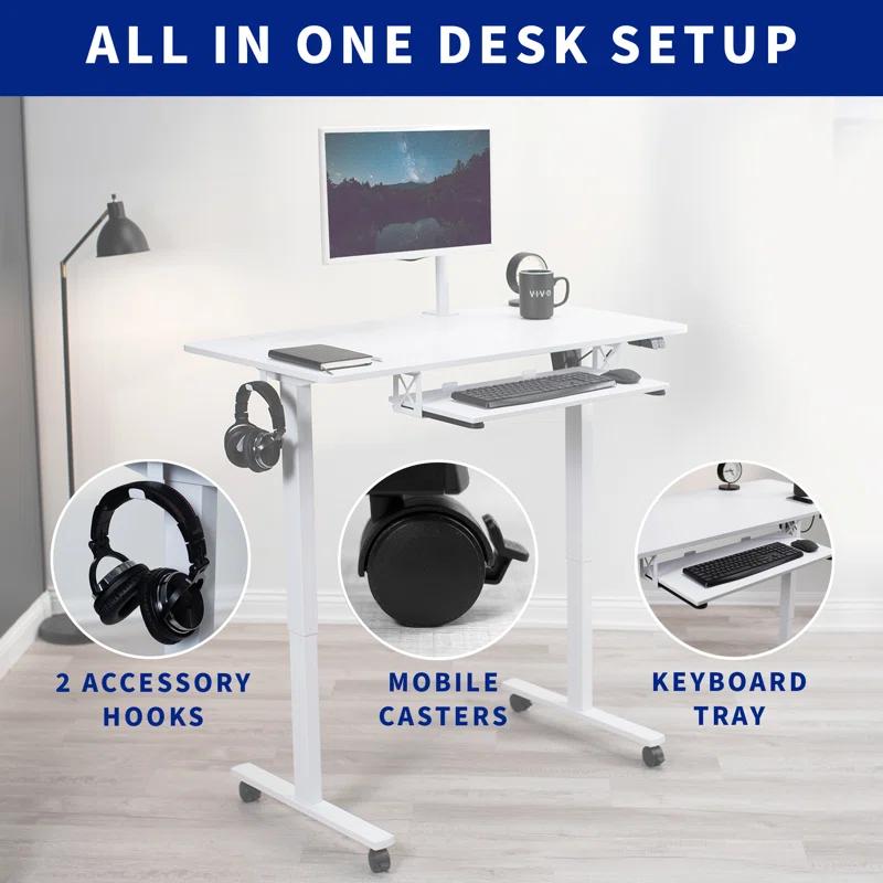 White Electric 48" Mobile Sit-Stand Desk with Keyboard Tray