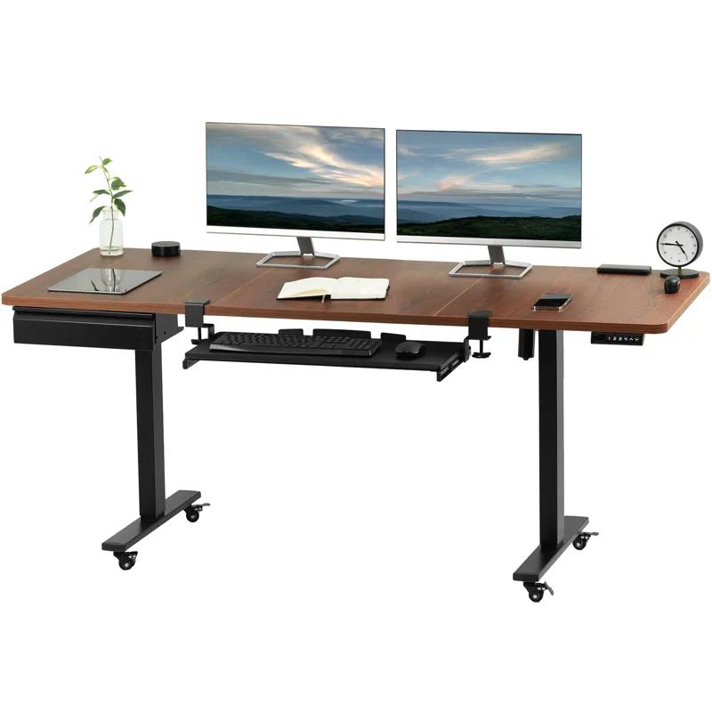 Ergonomic Dark Walnut Electric Standing Desk with Drawer & Keyboard Tray