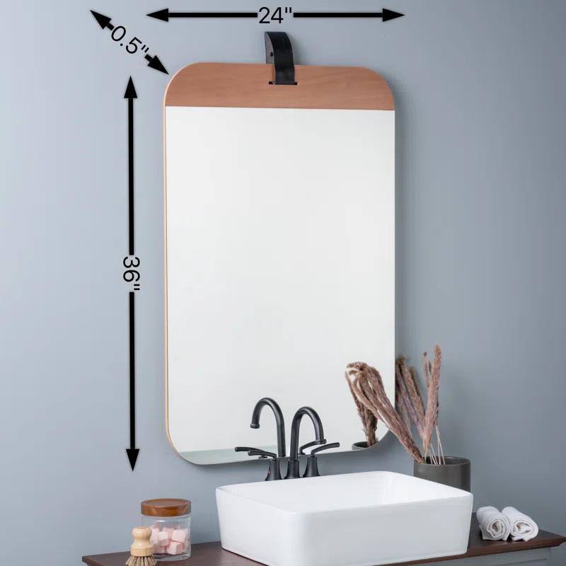 Modern Farmhouse Blonde Wood Rectangular Wall Mirror with Gold Leather Strap