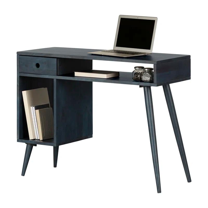 Scandinavian Dark Blue Rubberwood Computer Desk with Drawer